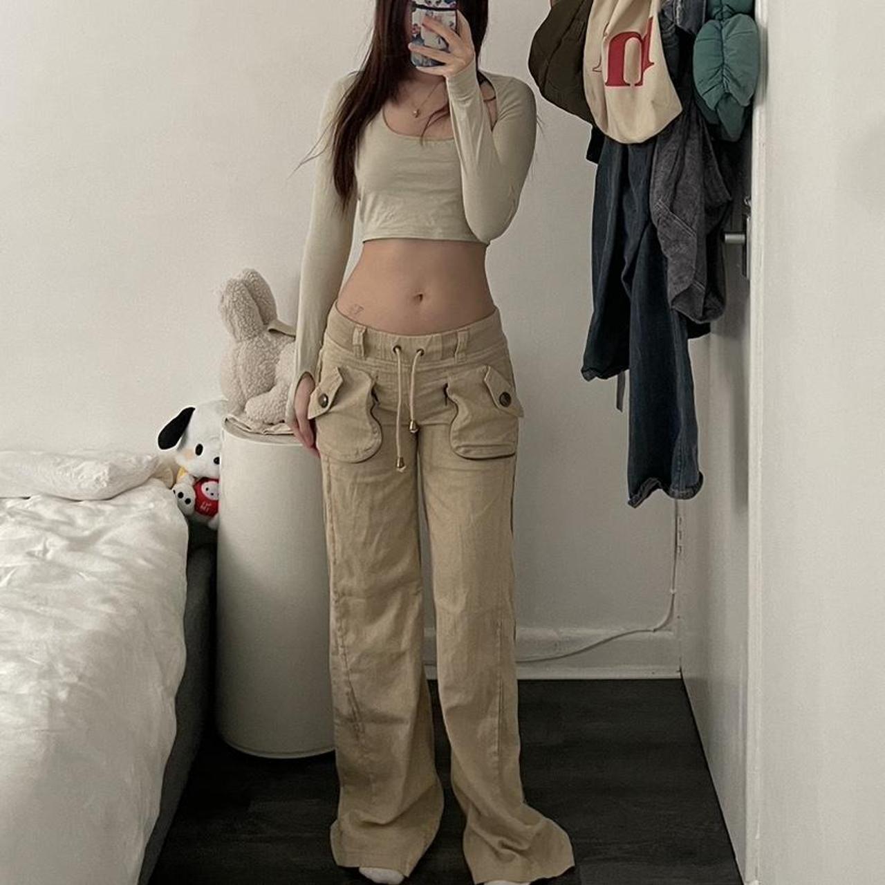 cecil mcbee beige linen hemp blend low rise wide leg cargo trousers