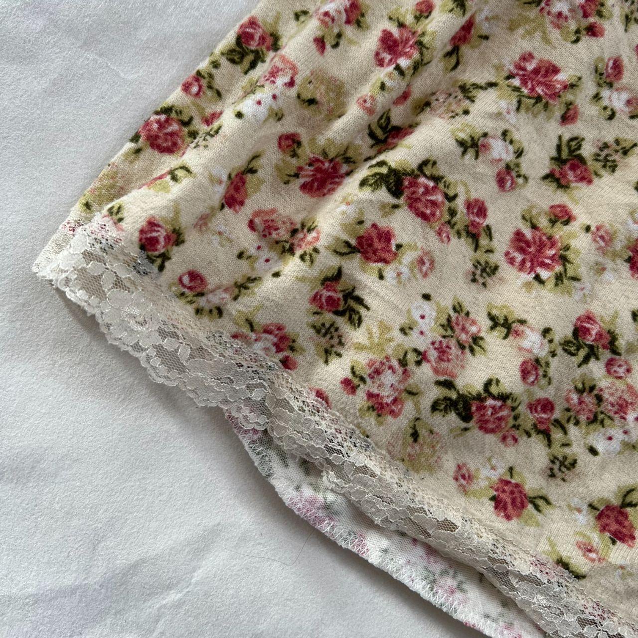 coquette ld prime cream mori kei pink floral print lace hem straight mini skirt