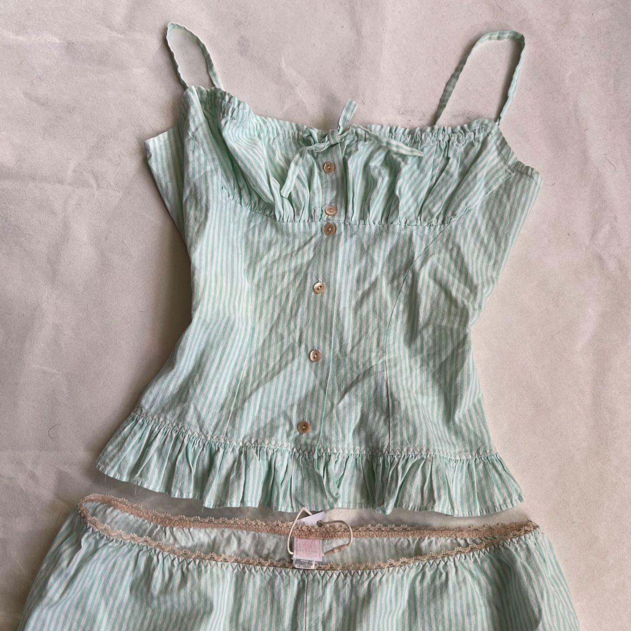 vintage fifi chachnil mint green pinstripe camisole + puff frill hem shorts two piece pyjama set