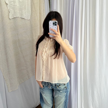 Ivory Beige L'Est Rose Ruffle Ruched High Neck Collar Puff Sleeve Blouson Top
