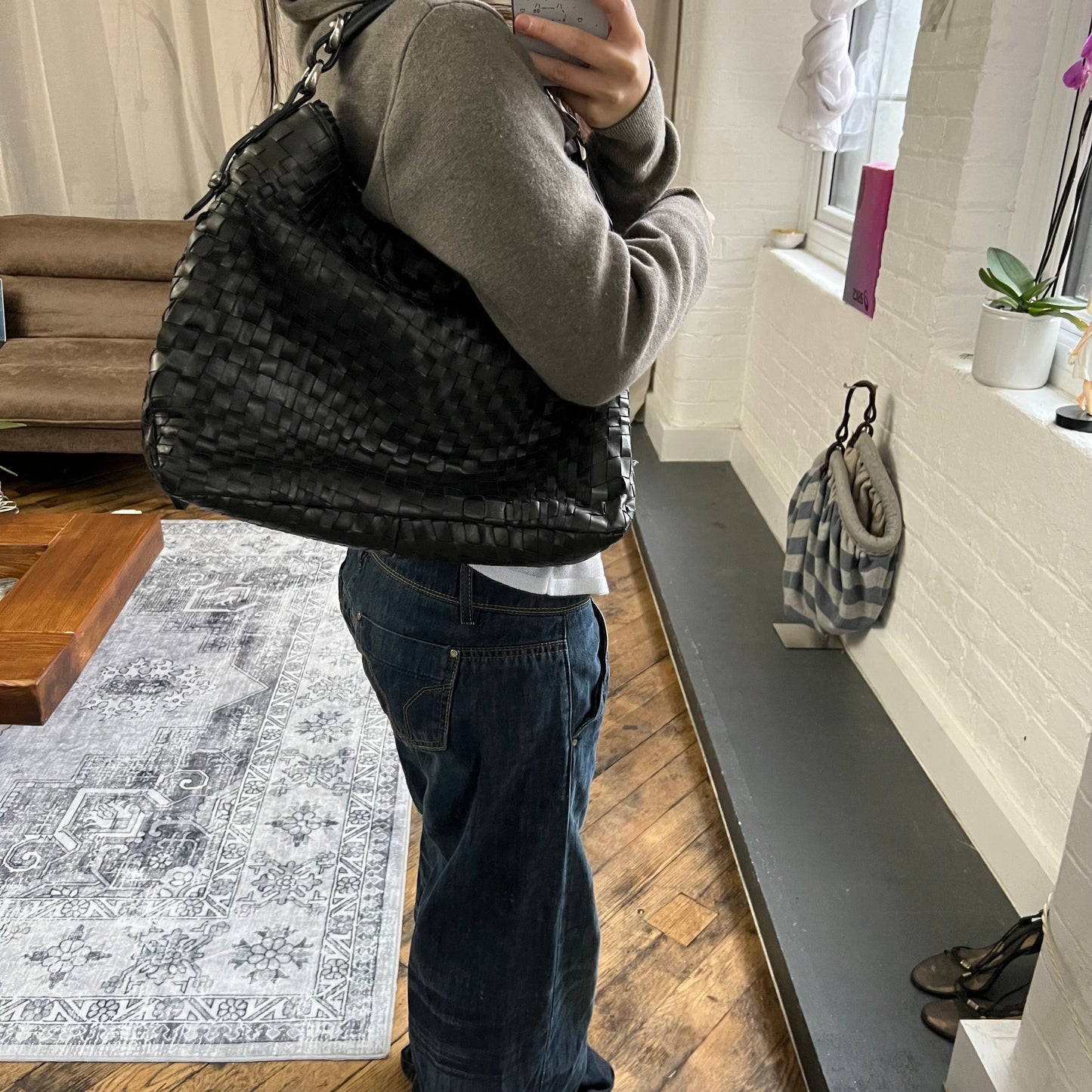 vintage epoca black woven braided leather shoulder tote bag