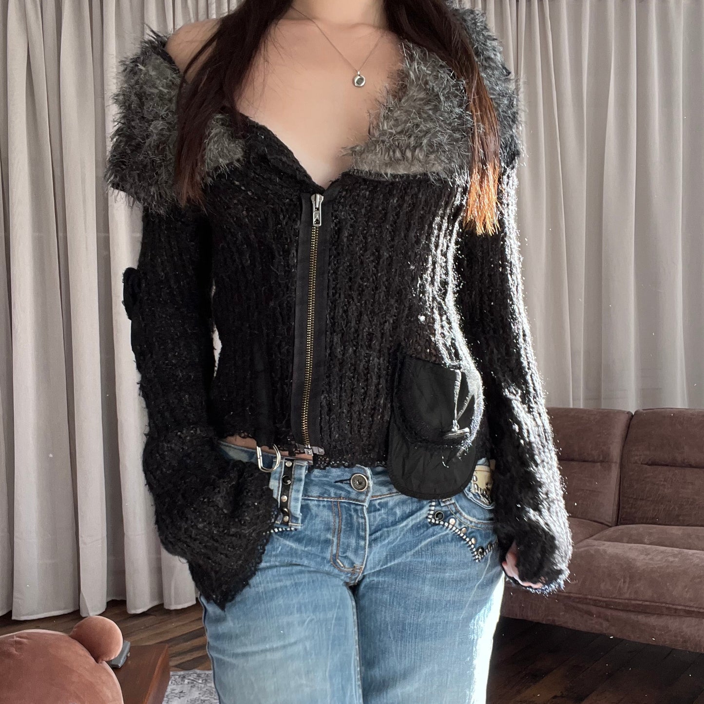 Speckled Black Fur Trim Zone Bleue Knit Long Sleeve Zip Cardigan