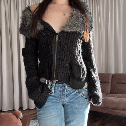 Speckled Black Fur Trim Zone Bleue Knit Long Sleeve Zip Cardigan