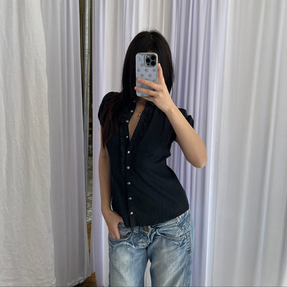 Black Burberry Blue Label Academia Puff Sleeve Ruffle Collar Blouson Top