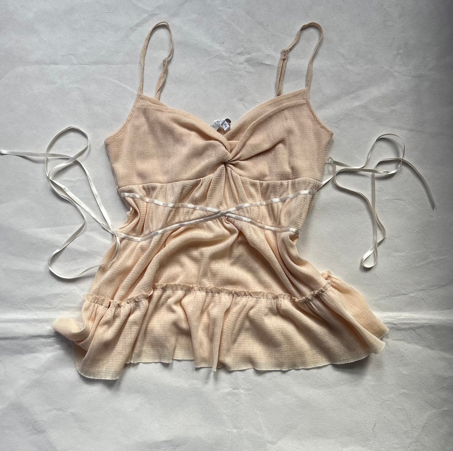 Kookai Apricot Beige Ruched Bust Ruffle Hem Criss Cross Babydoll Camisole