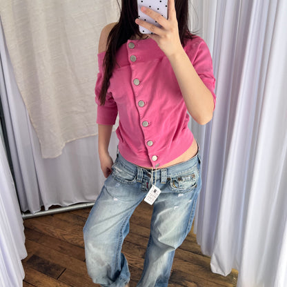 Miss Sixty Hot Pink Large Silver Button Off The Shoulder Half Sleeve Jersey Top
