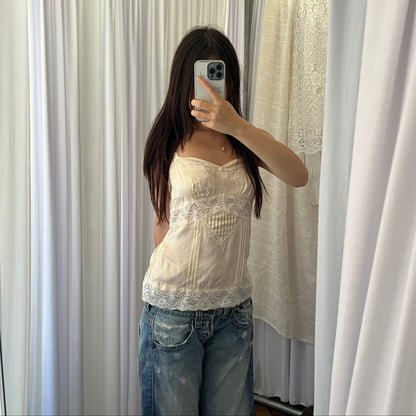 Jill Stuart Ivory Silk Blend Romantic Lace Pleat Cut Out Fitted Camisole