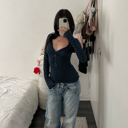 miss sixty grunge sleaze striped teal black v neck ruched mix button fitted long sleeve top
