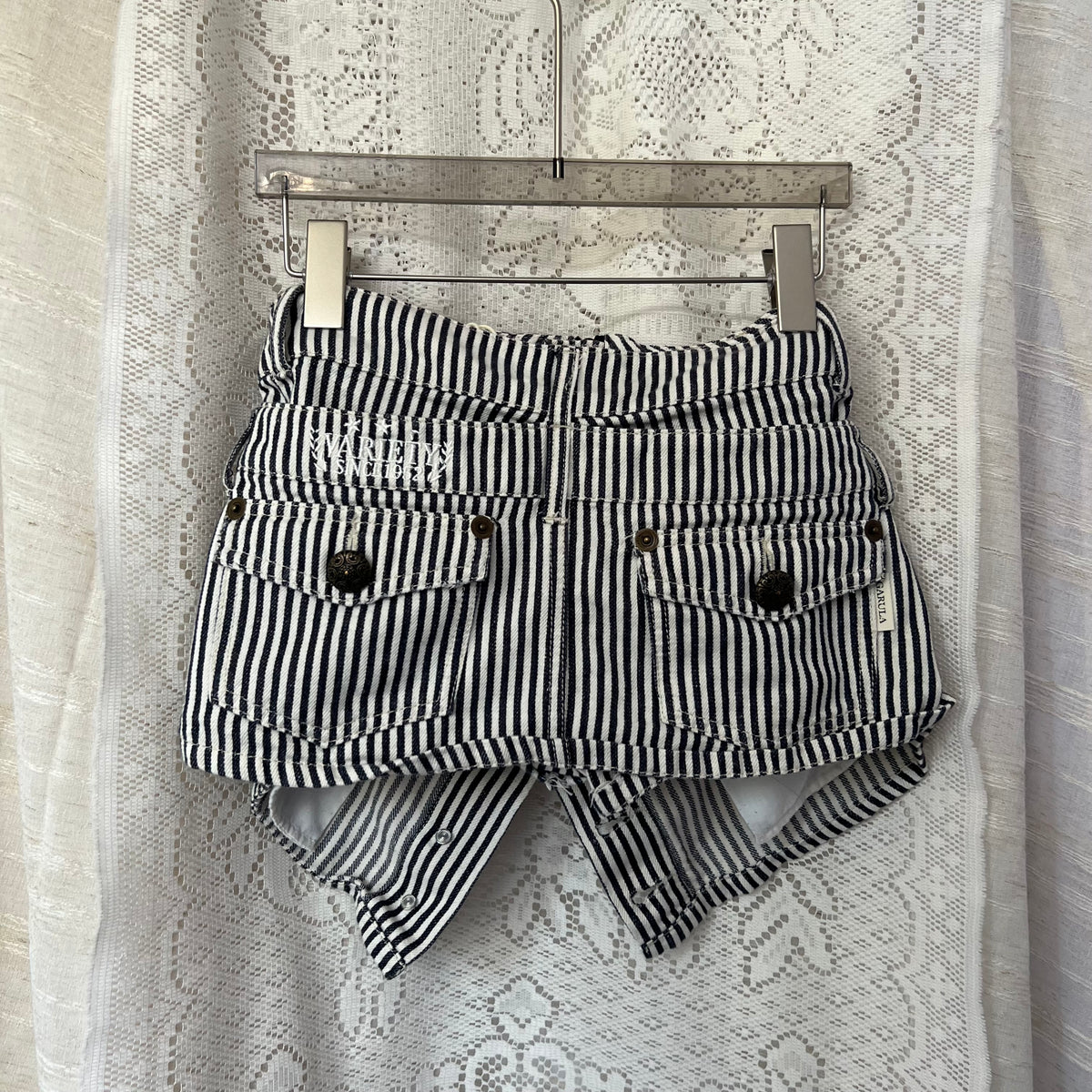 Vintage Garula Pinstripe Navy Blue White Layered Button Shorts