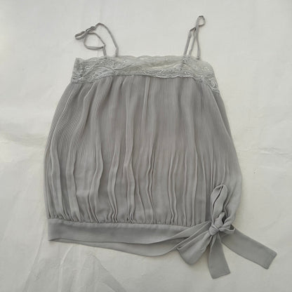 Greige Floral Brooch Pleated Fairly Babydoll Flared Bubble Hem Blouson Cami