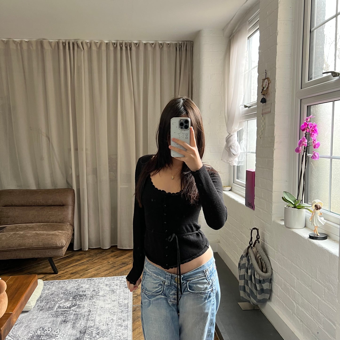 kookai black wool blend picot trim long sleeve fitted cardigan top