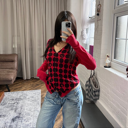 hysteric glamour faded raspberry red polka dot graphic long sleeve cardigan