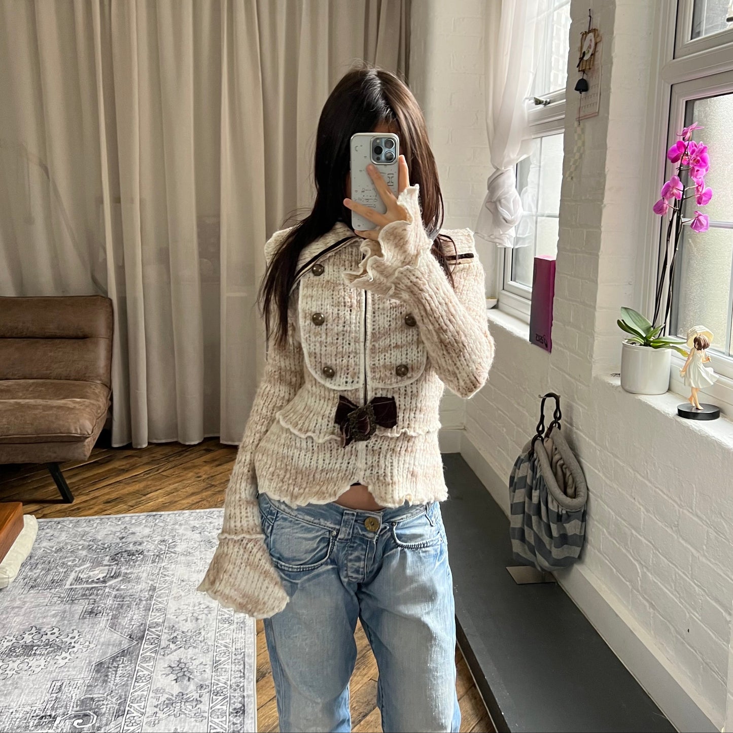 zone bleue speckled brown wide collared knit zip velvet ribbon belt cardigan jacket