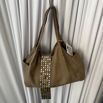 Taupe Brown Leather Studded Fold Over Slouchy Shoulder Bag