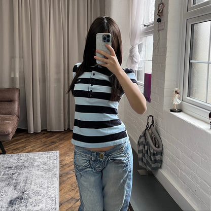 burberry blue label preppy black baby blue striped puff sleeve collared polo shirt