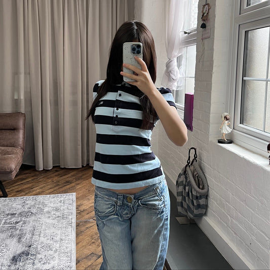 burberry blue label preppy black baby blue striped puff sleeve collared polo shirt