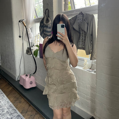 romantic boho western annarita n beige silk embroidery lace tiered ruffle mini dress