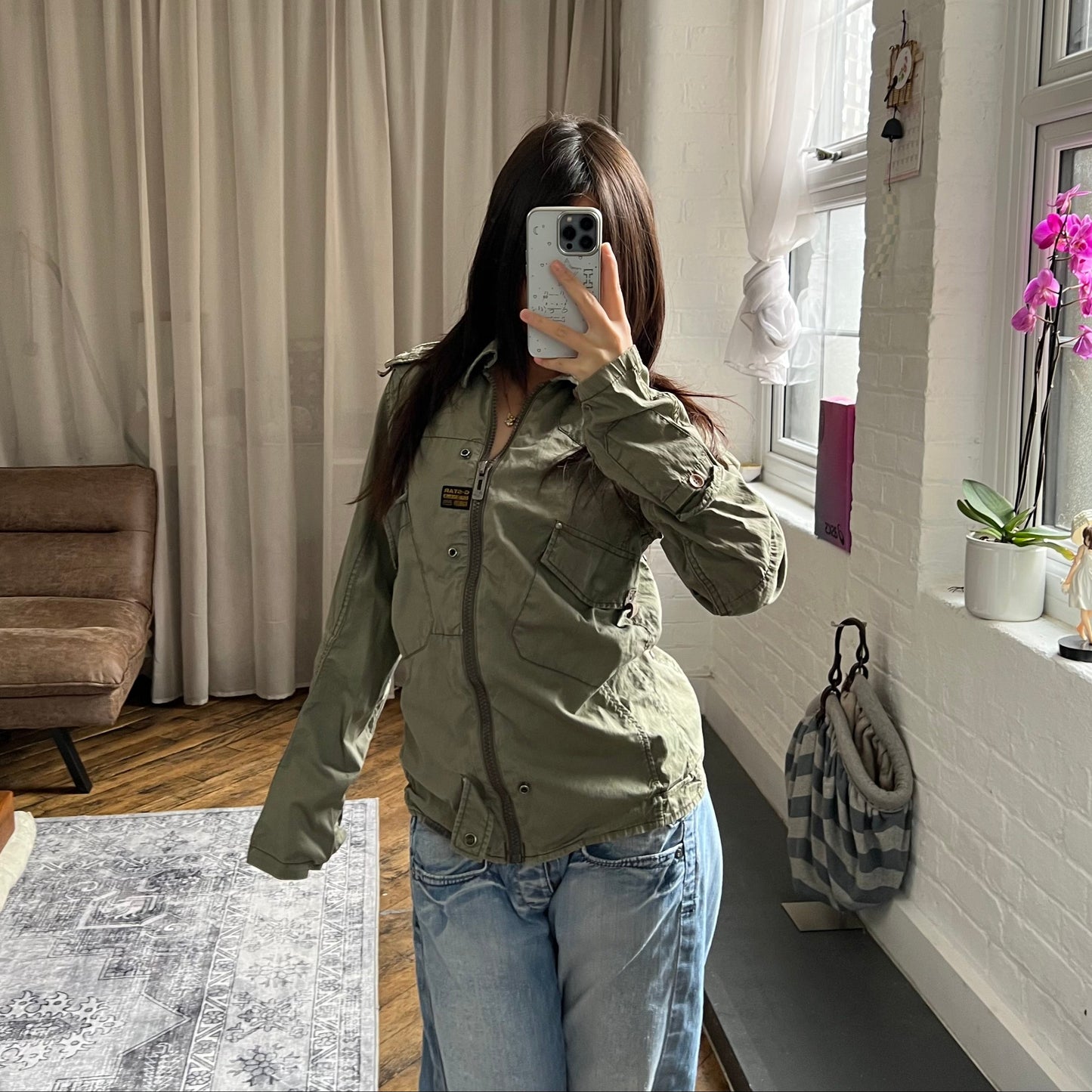 khaki g-star raw long sleeve utility style neck buckle jacket