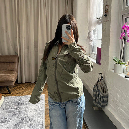 khaki g-star raw long sleeve utility style neck buckle jacket