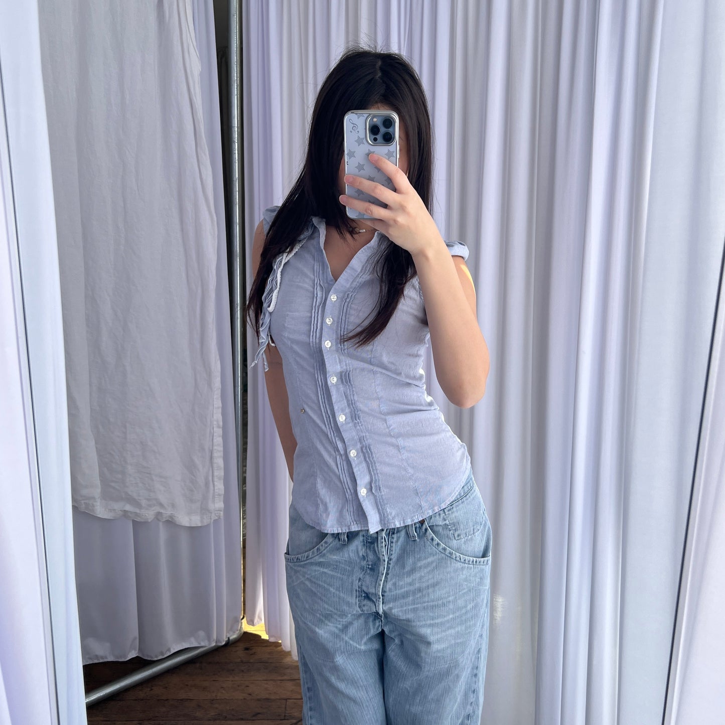 Kocca Preppy Blue French Cap Sleeve Rosette Fringe Fitted Blouse Shirt