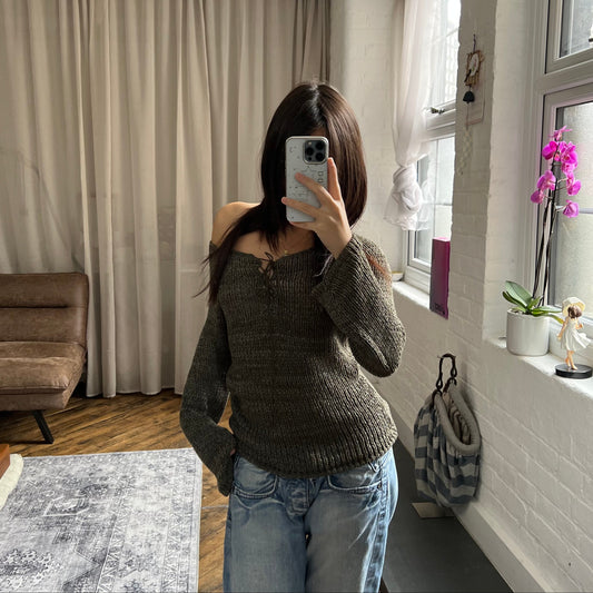 camieux khaki green flared sleeve lace up knit sweater