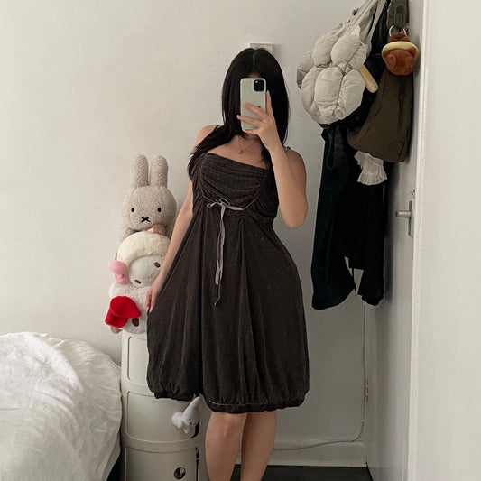 mais il est ou le soleil mori kei brown boho ruched vintage print mini dress