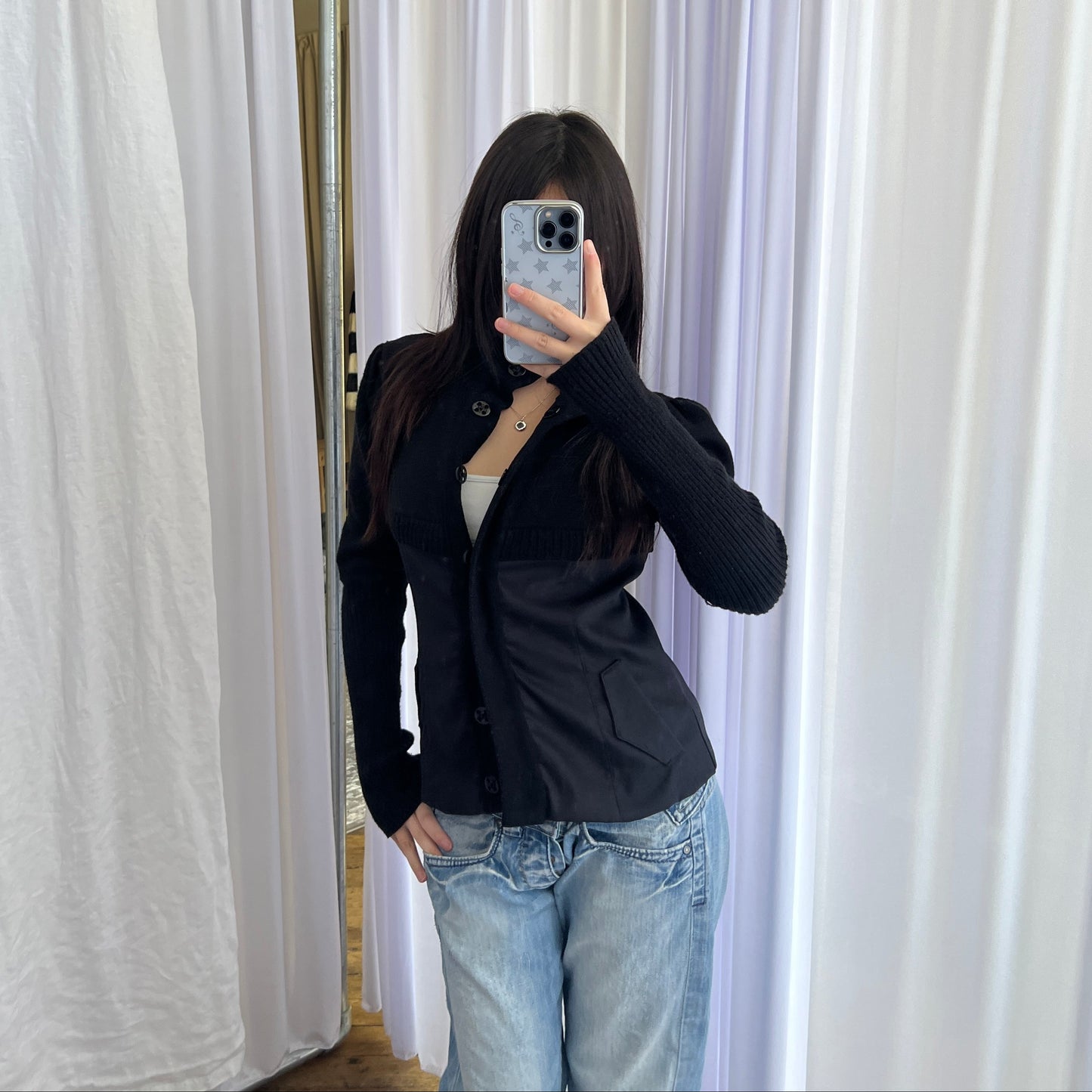 Nell & Me Black Merino Wool Blend Mix Material Blocking Cardigan Jacket