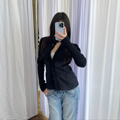 Nell & Me Black Merino Wool Blend Mix Material Blocking Cardigan Jacket