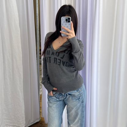 Faded Grey Dolce & Gabanna Wool Blend V Neck Graphic Knit Pullover Sweater