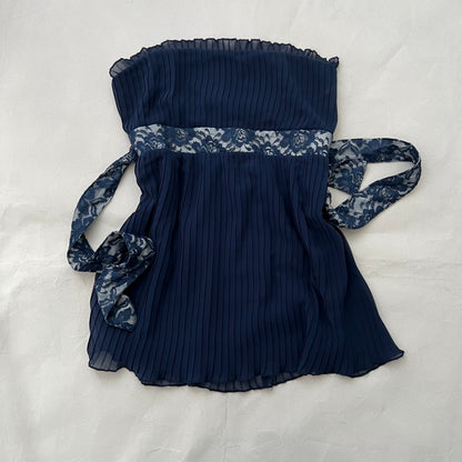 Intimissimi Navy Pleated Lace Ribbon Flared Sleeveless Bandeau Top