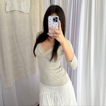 Keeps Greige Mesh 3/4 Sleeve Ruffle Lace Collar Fitted Top