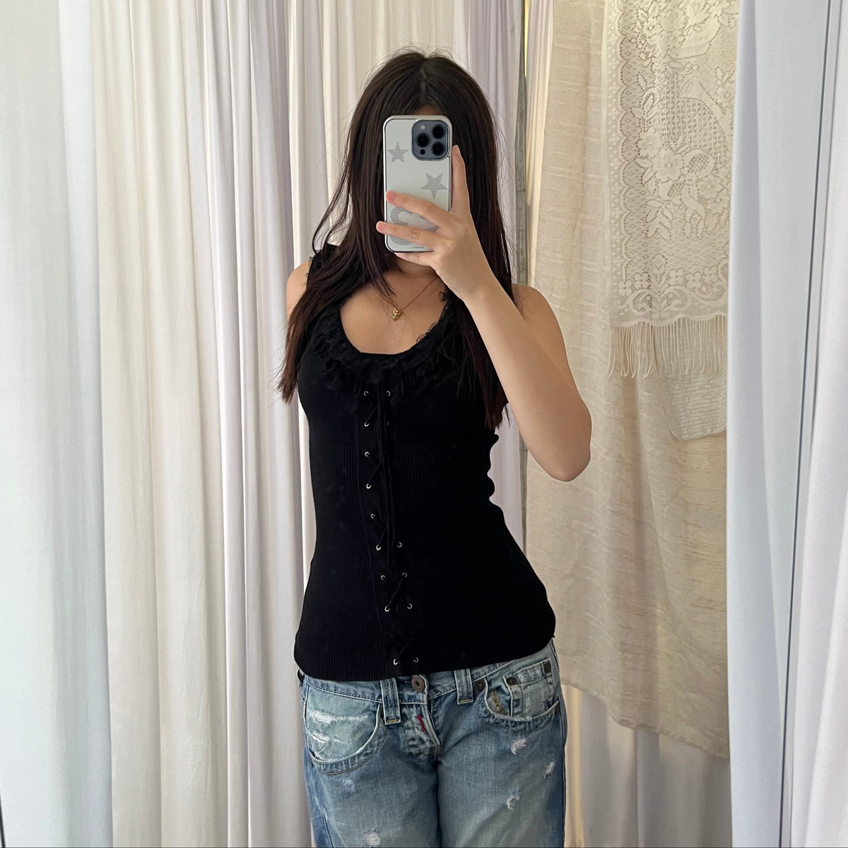 Morgan De Toi Black Tulle Ruffle Lace Up Knit Vest