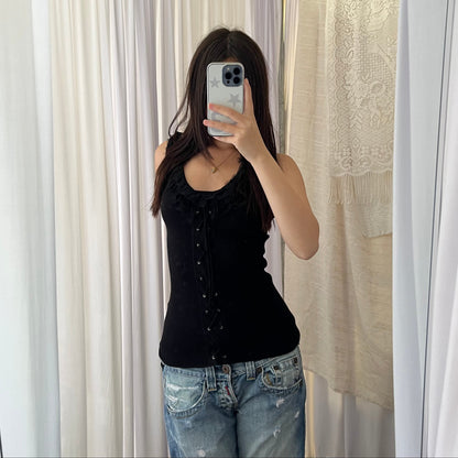 Morgan De Toi Black Tulle Ruffle Lace Up Knit Vest
