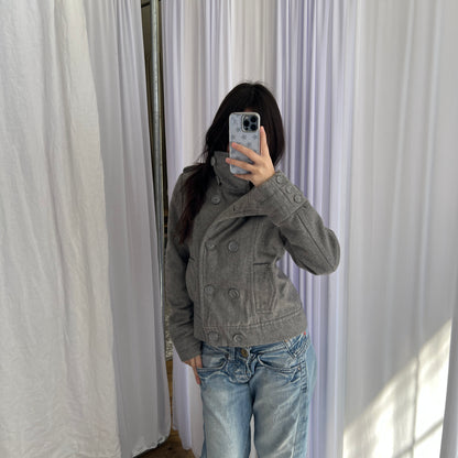 Vintage Bizzbee Grey Funnel Collar High Neck Double Breasted Bombed Pea Coat