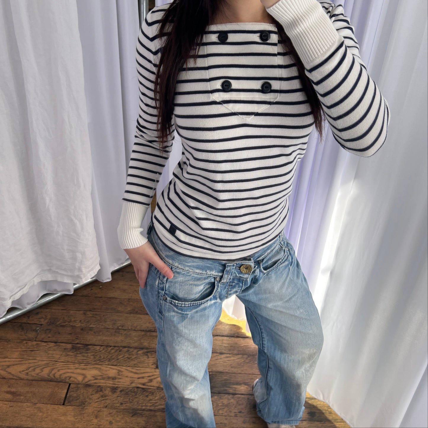 G-star Raw Preppy White Blue Collared Sailor Button Striped Long Sleeve Top