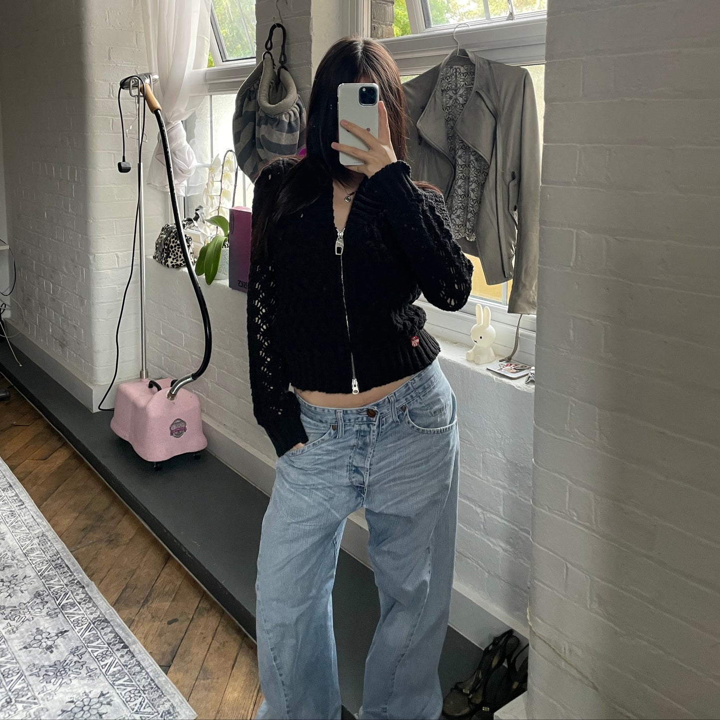 Miss Sixty黑色钩针重针织拉链开衫外套