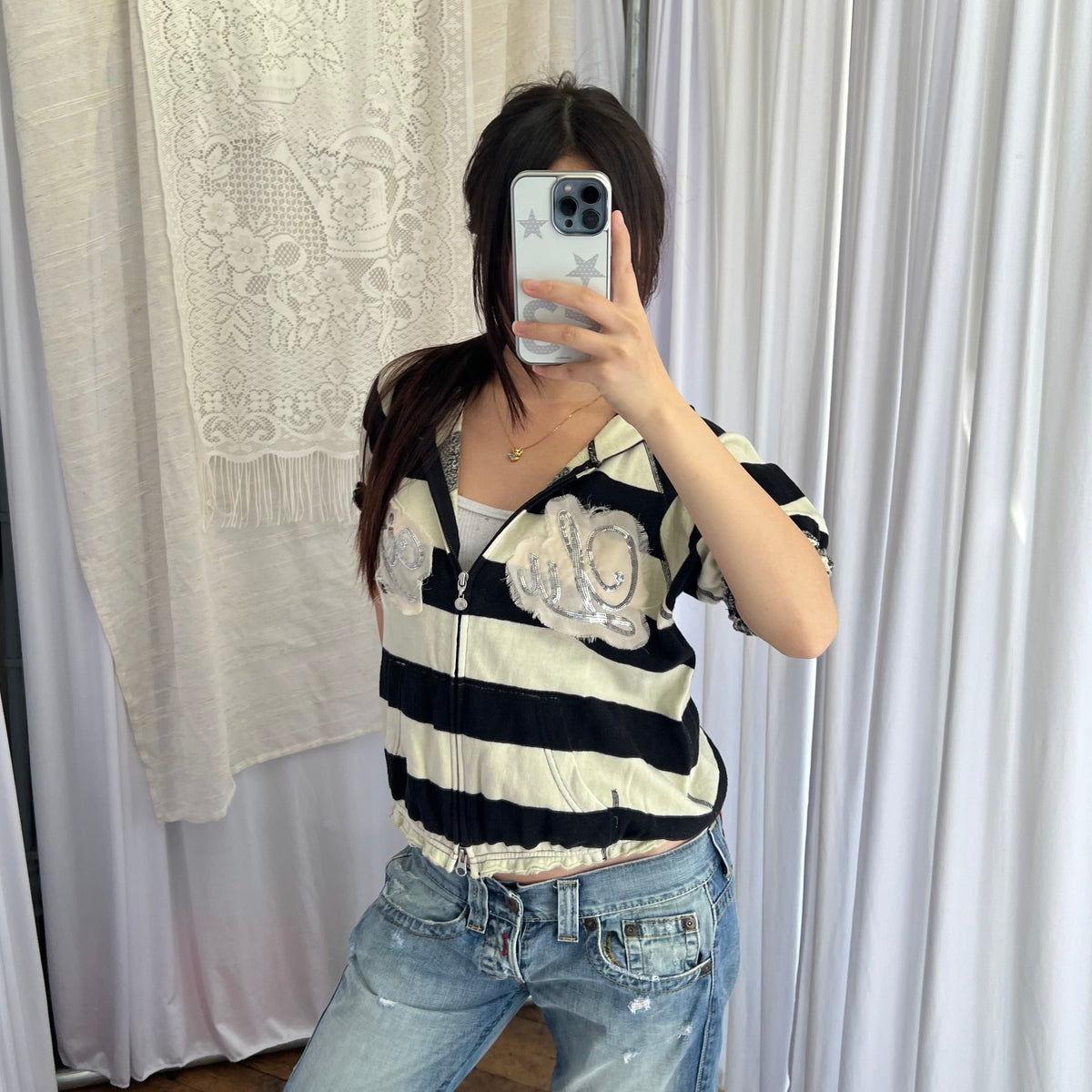 Hysteric Glamour Black Cream Striped Lucifer Ivory Pink Sequin Zip Short Sleeve Hoodie