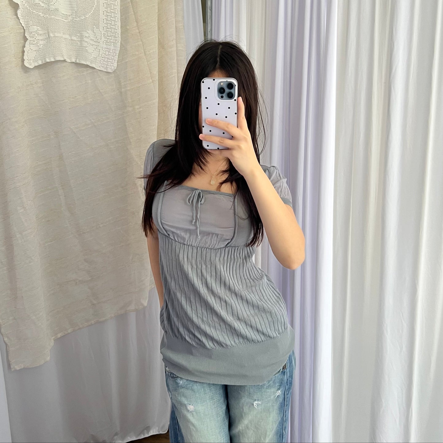 Sasch Grey Blue Milkmaid Layered Puff Hem Two In One Knit Top