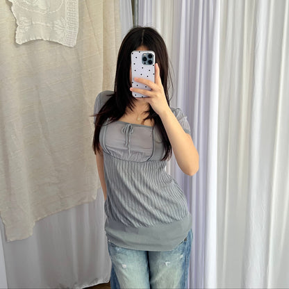 Sasch Grey Blue Milkmaid Layered Puff Hem Two In One Knit Top