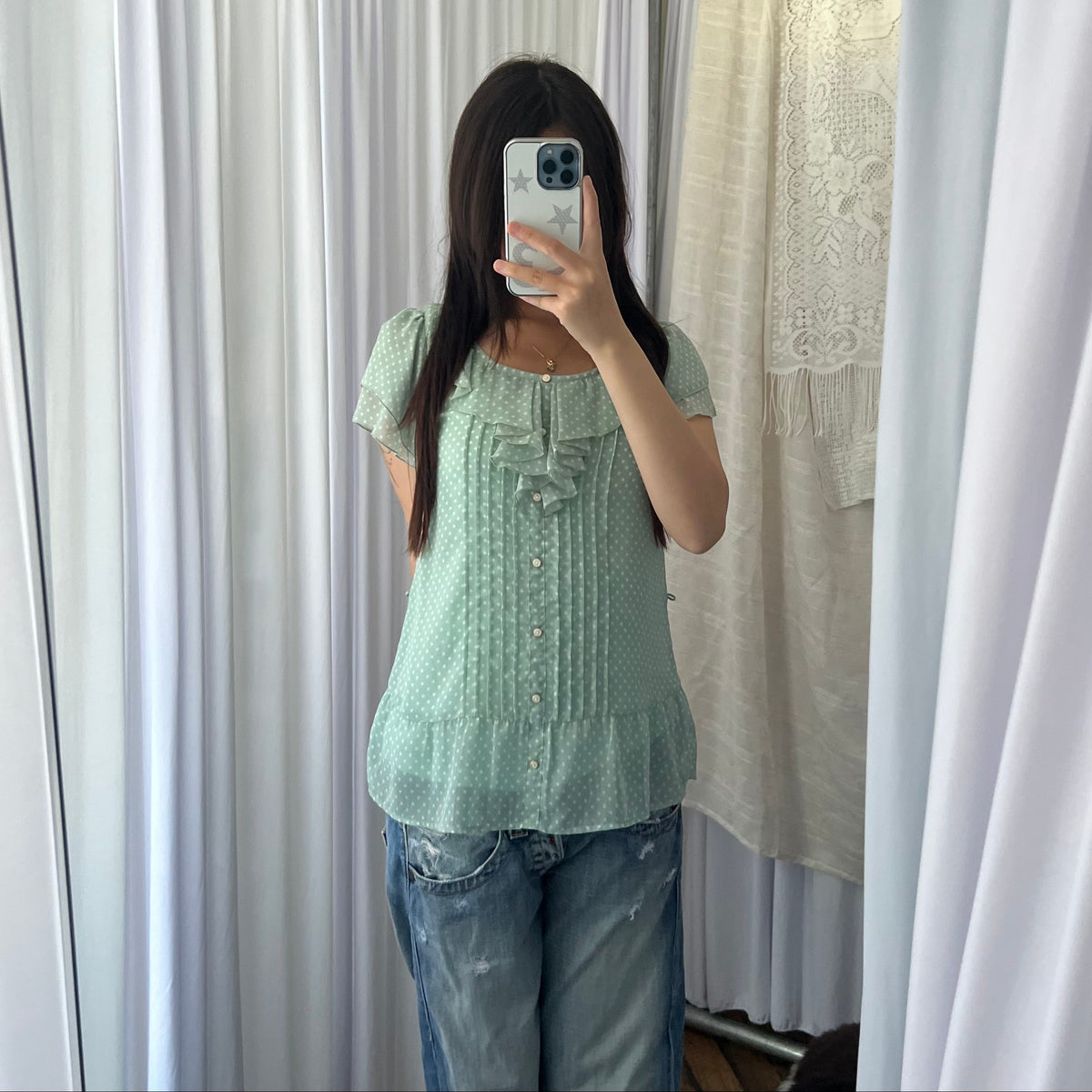 Prideglide Mint Green Ruffle Collar Pleated Polka Dot Blouson Top