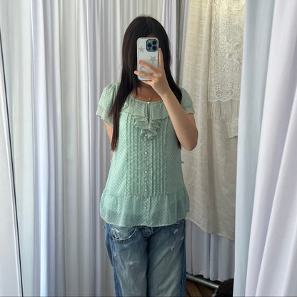 Prideglide Mint Green Ruffle Collar Pleated Polka Dot Blouson Top
