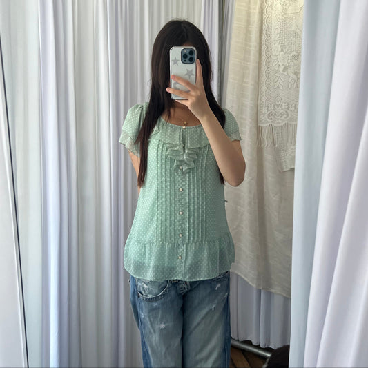 Prideglide Mint Green Ruffle Collar Pleated Polka Dot Blouson Top