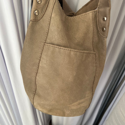 Taupe Brown Leather Studded Fold Over Slouchy Shoulder Bag