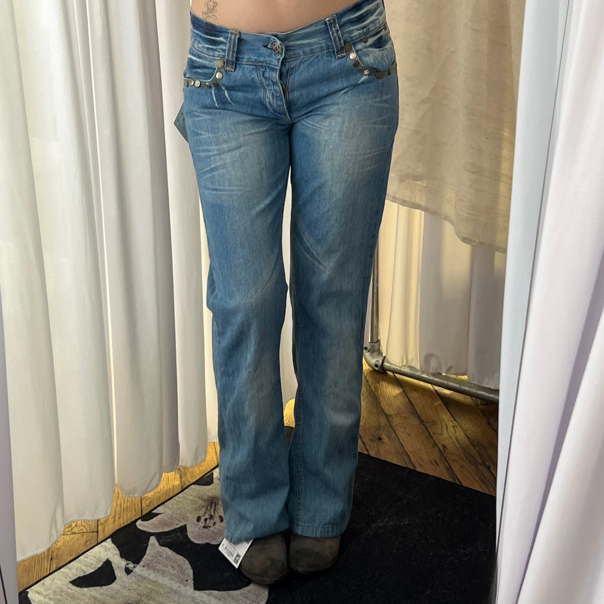 Replay Light Wash Mid Rise Studded Zip Back Straigh Leg Flared Hem Denim Jeans