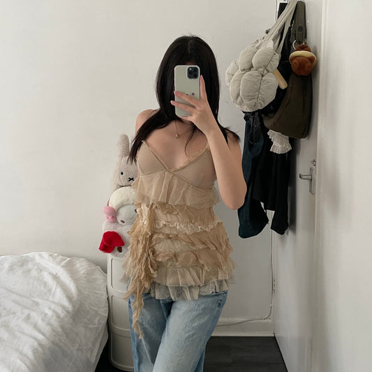 vintage boho fairy silk blend beige mesh tiered babydoll camisole