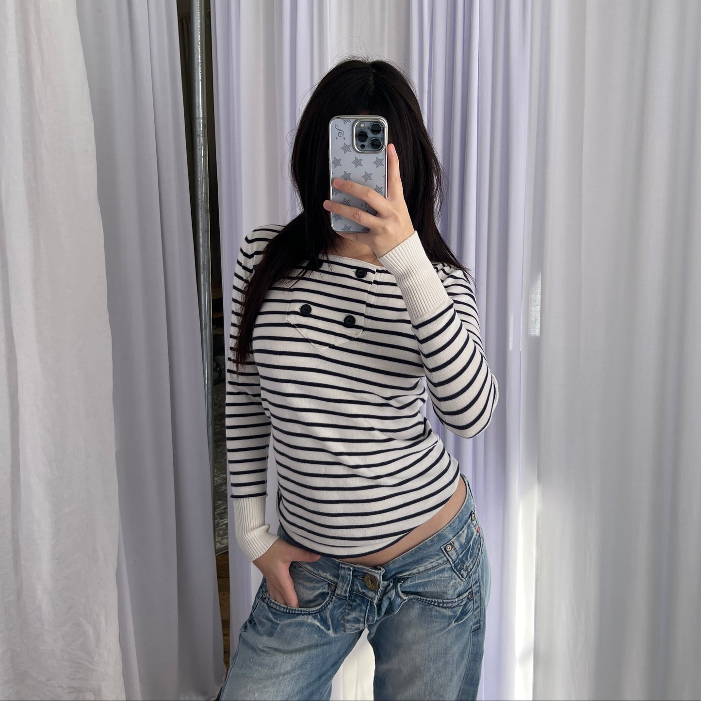 G-star Raw Preppy White Blue Collared Sailor Button Striped Long Sleeve Top