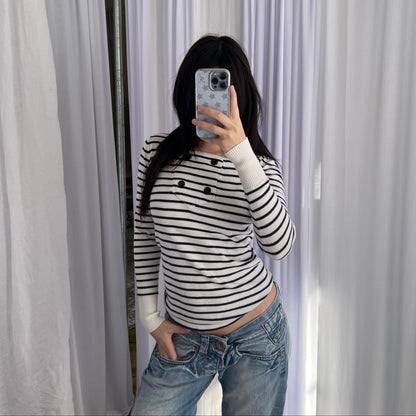 G-star Raw Preppy White Blue Collared Sailor Button Striped Long Sleeve Top