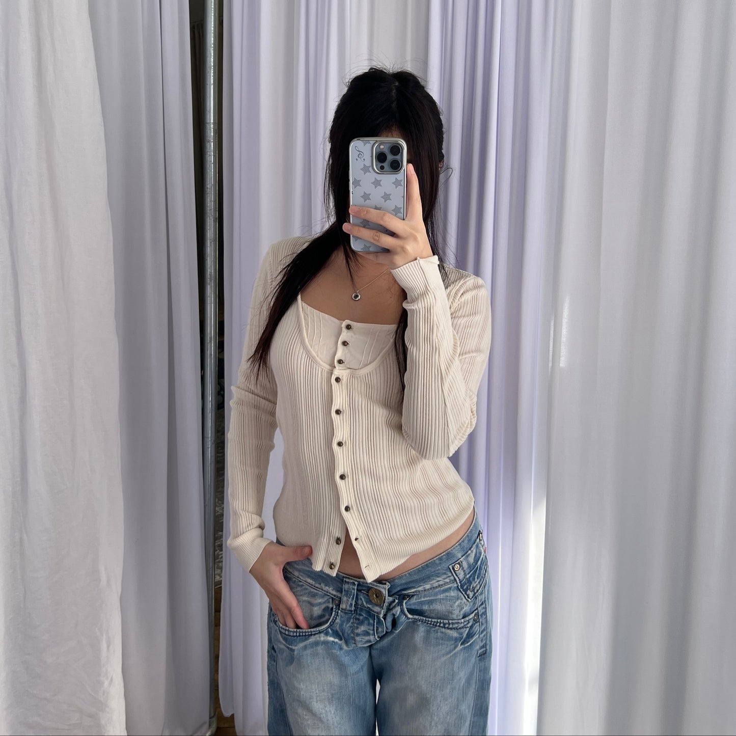 IKKS Cream Beige Ribbed Fitted Layered Brass Button Faux Cardigan Top