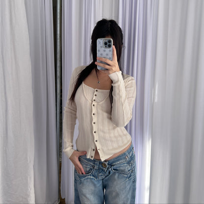 IKKS Cream Beige Ribbed Fitted Layered Brass Button Faux Cardigan Top