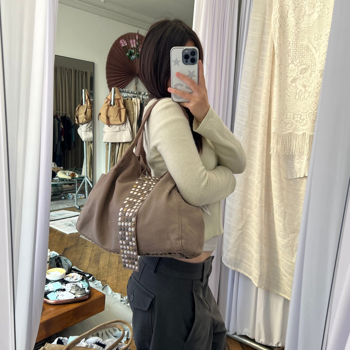 Taupe Brown Leather Studded Fold Over Slouchy Shoulder Bag